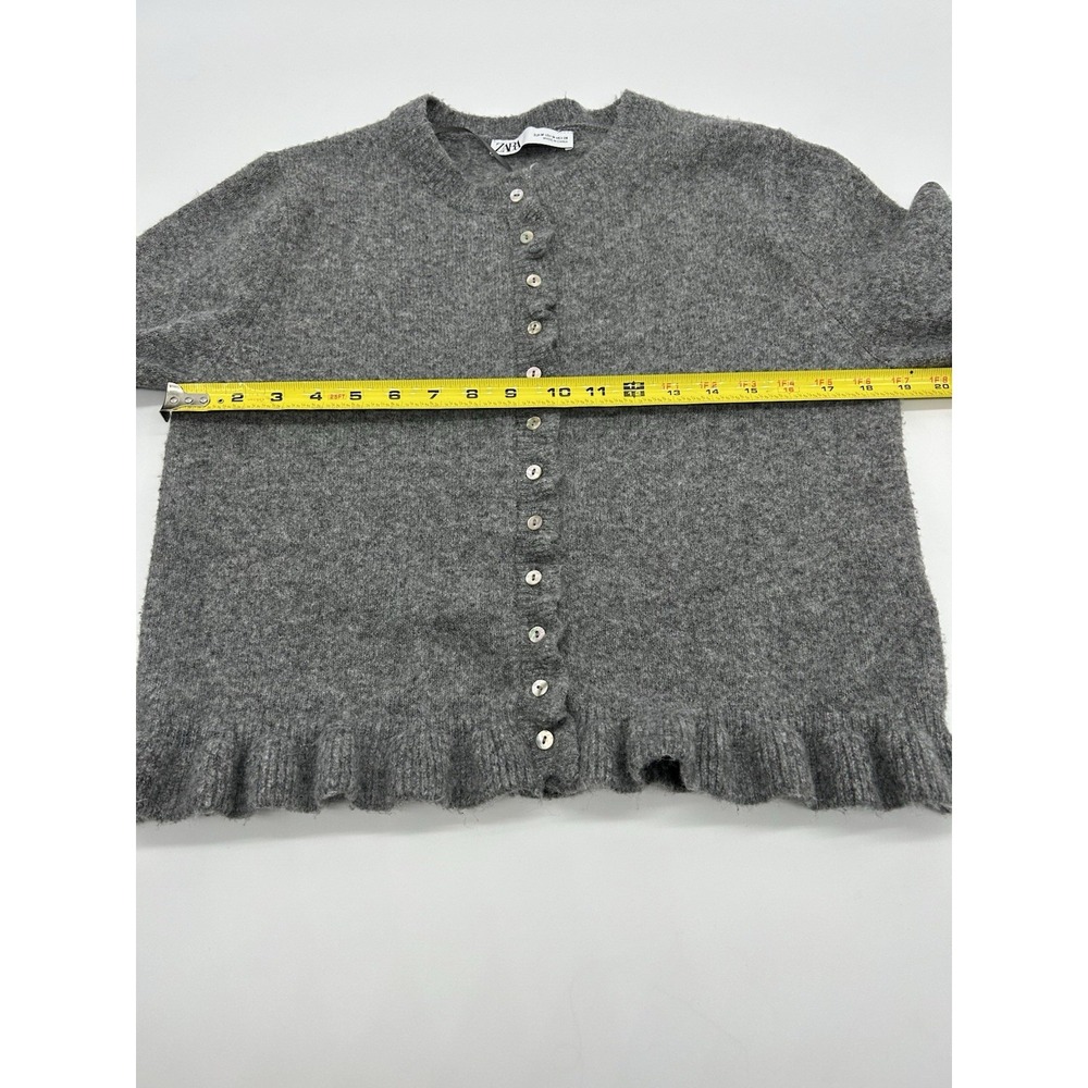 Zara Gray Button Up  Frill Cardigan Sweater Women's Medium Wool Blend - Picture 7 of 9
